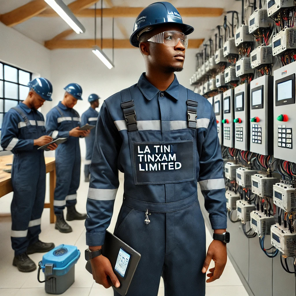 DALL·E 2024-12-15 15.24.06 - A professional industrial setting in Uganda featuring Ugandan men and women wearing navy blue PPE overalls clearly branded with the _La Tinxam Limited.jpg