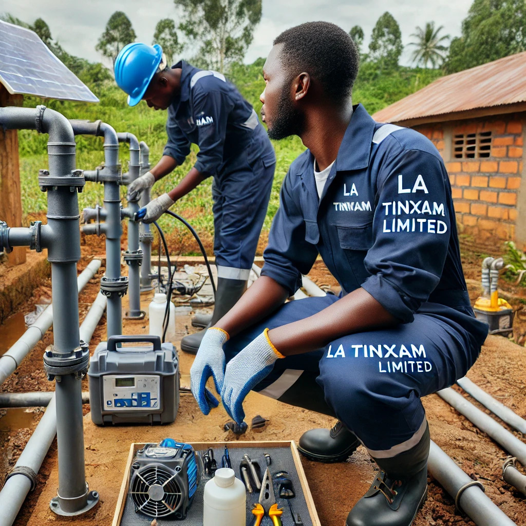 DALL·E 2024-12-15 17.29.14 - A professional industrial scene showcasing Ugandan technicians wearing navy blue PPE overalls branded with the La Tinxam Limited logo. The technicians