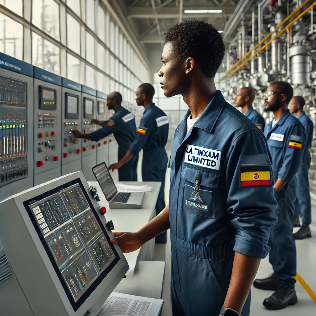 DALL·E 2024-12-15 17.29.17 - A professional industrial setting featuring Ugandan technicians wearing navy blue PPE overalls with the La Tinxam Limited logo on the chest and back. .jpg