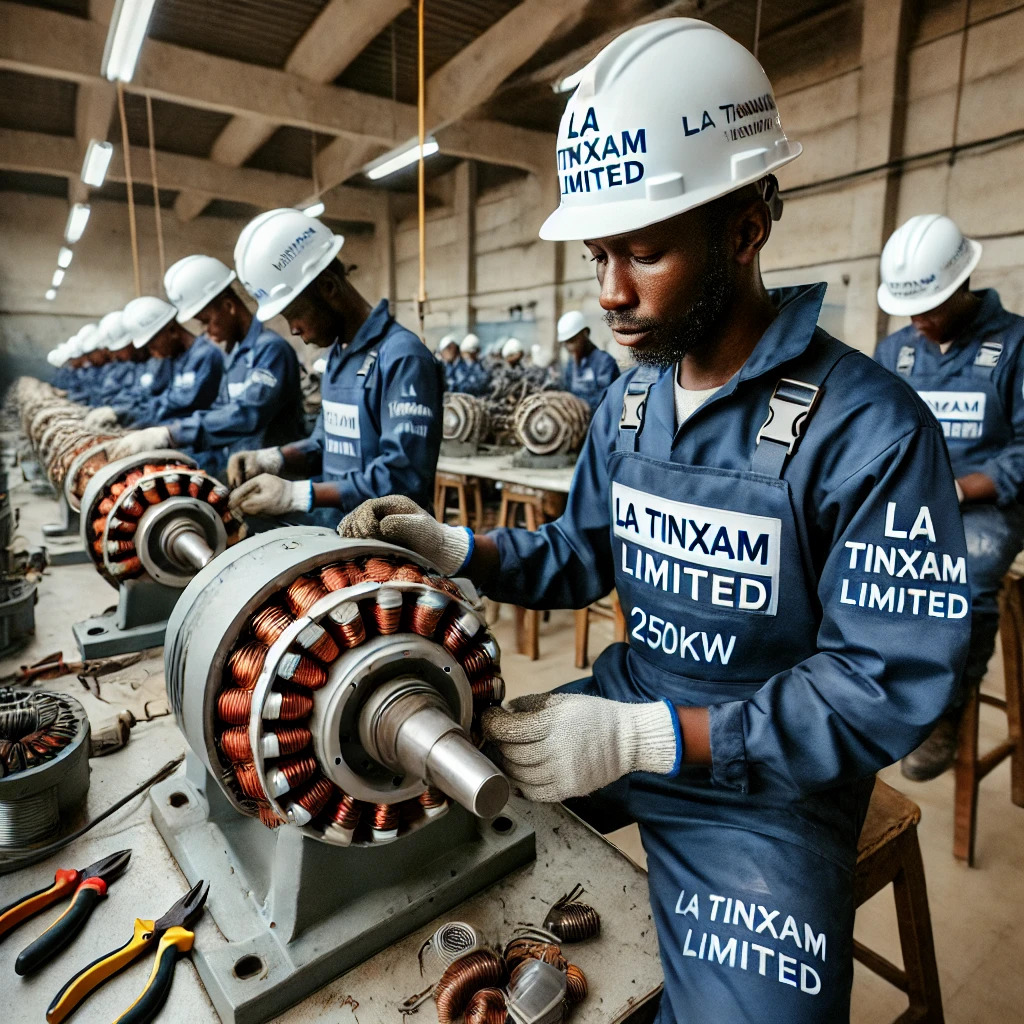 DALL·E 2024-12-15 18.22.14 - An industrial workshop scene featuring Ugandan technicians wearing navy blue PPE overalls clearly branded with the _La Tinxam Limited_ logo. The techn.jpg