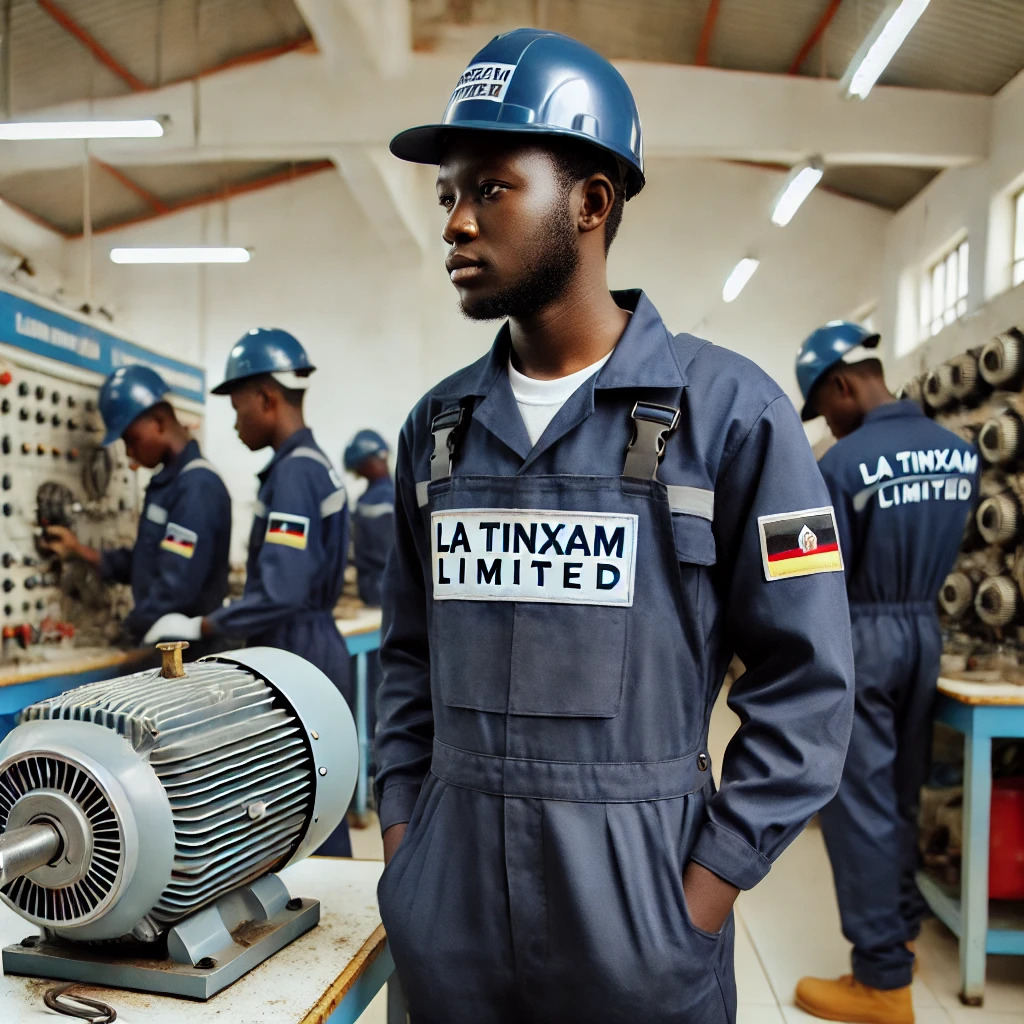 DALL·E 2024-12-15 18.22.52 - A professional workshop scene featuring Ugandan technicians wearing navy blue PPE overalls branded with _La Tinxam Limited_ logo minimally placed on t.jpg