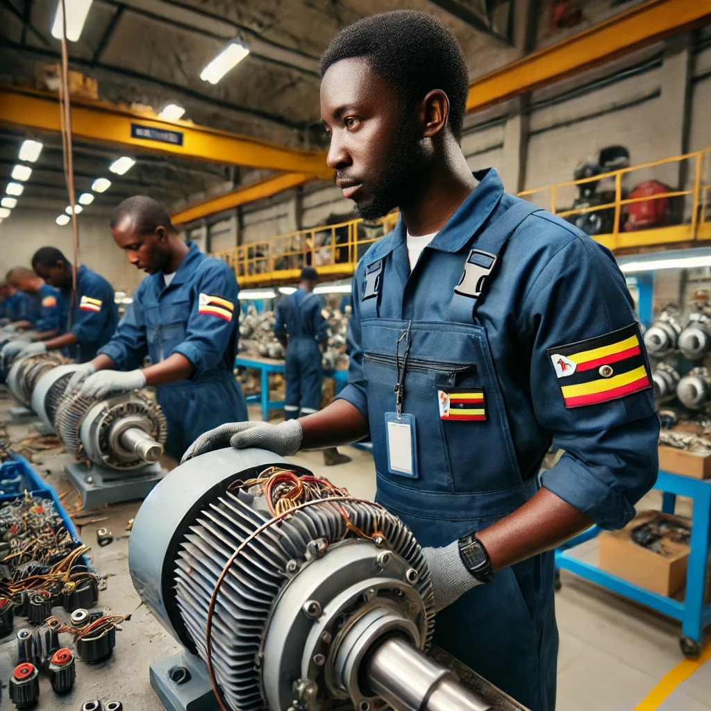 DALL·E 2024-12-15 18.46.23 - A professional workshop scene featuring Ugandan technicians wearing navy blue PPE overalls without any labels or flags. The technicians are rewinding .jpg